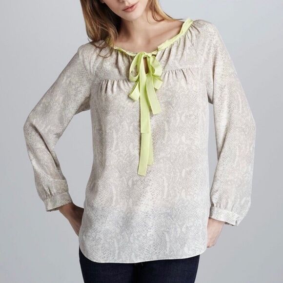 Rebecca Taylor Python Print Silk Blouse Fluorescent Neck Tie Grey Off White Sz 2 - Picture 2 of 10